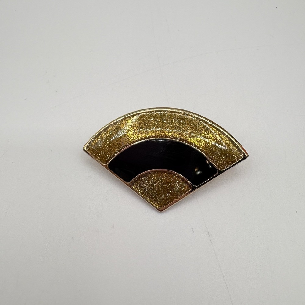 Vintage Art Deco Style Brooch/Pin Enameled Black & Sparkly Gold Geometric Fan